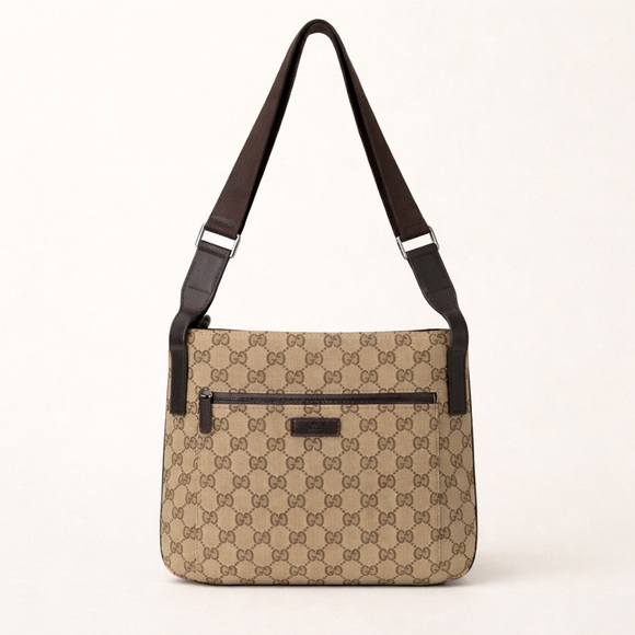 Gucci Handbags - Gucci GG Canvas Messenger Crossbody Bag Brown Leather Trim Adjustable Strap